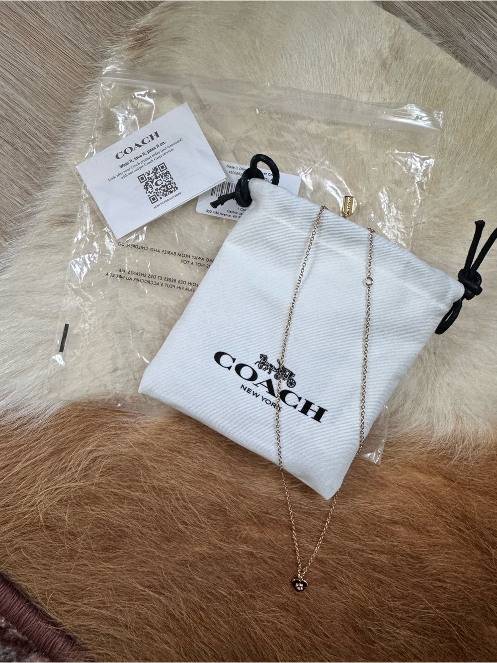 NWT COACH Gold Heart Charm Necklace with Signature Pouch